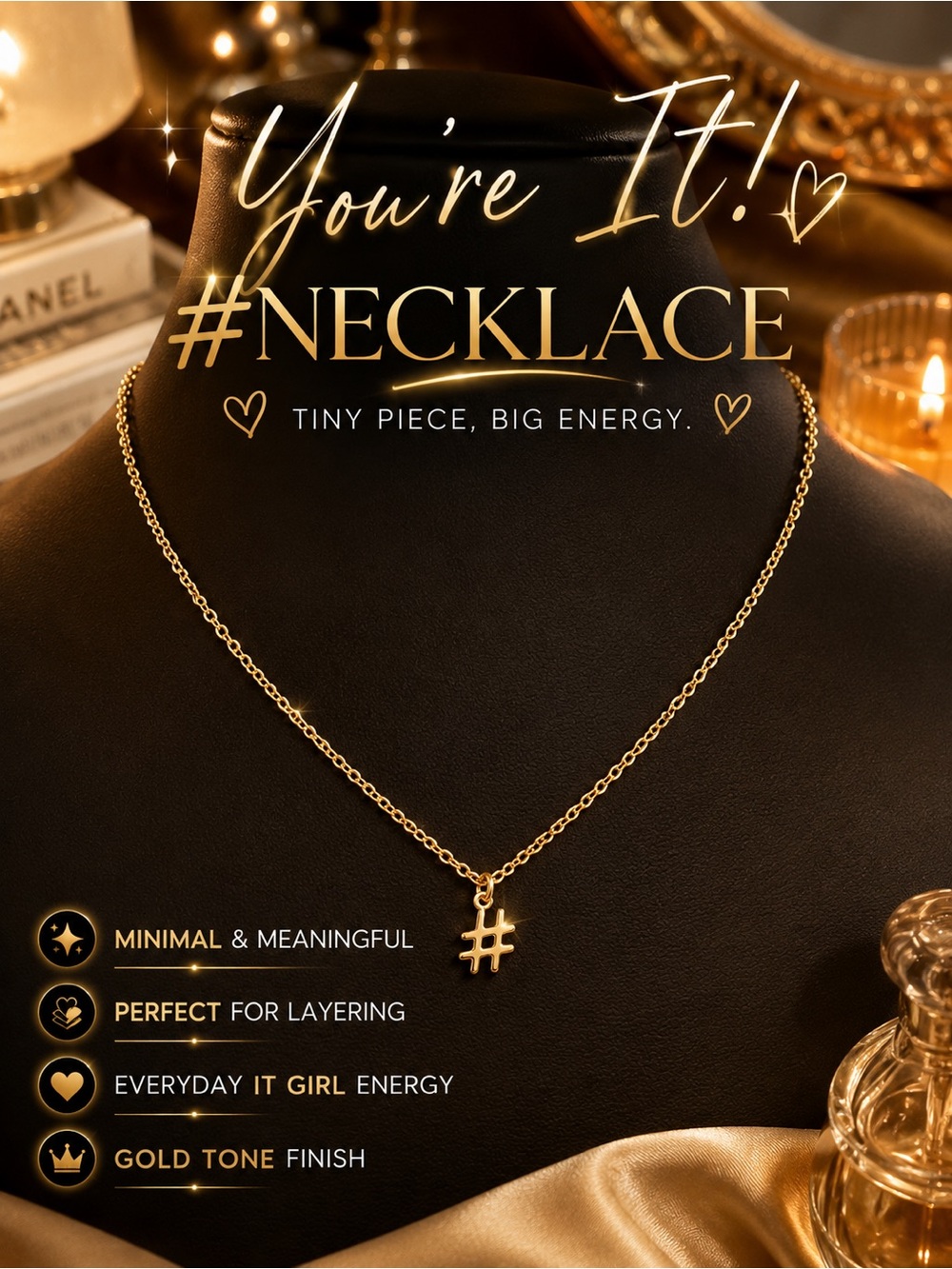 Gold Tone Hashtag # Necklace 17” Choker “It Girl” Layering Y2K minimal jewelry